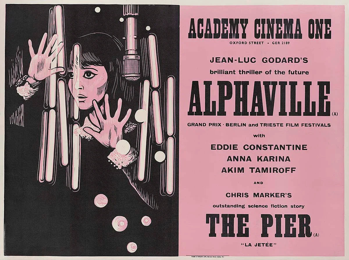 British movie poster for Alphaville (1965), showing Anna Karina's face in black and pink, framed by vertical white light bars.