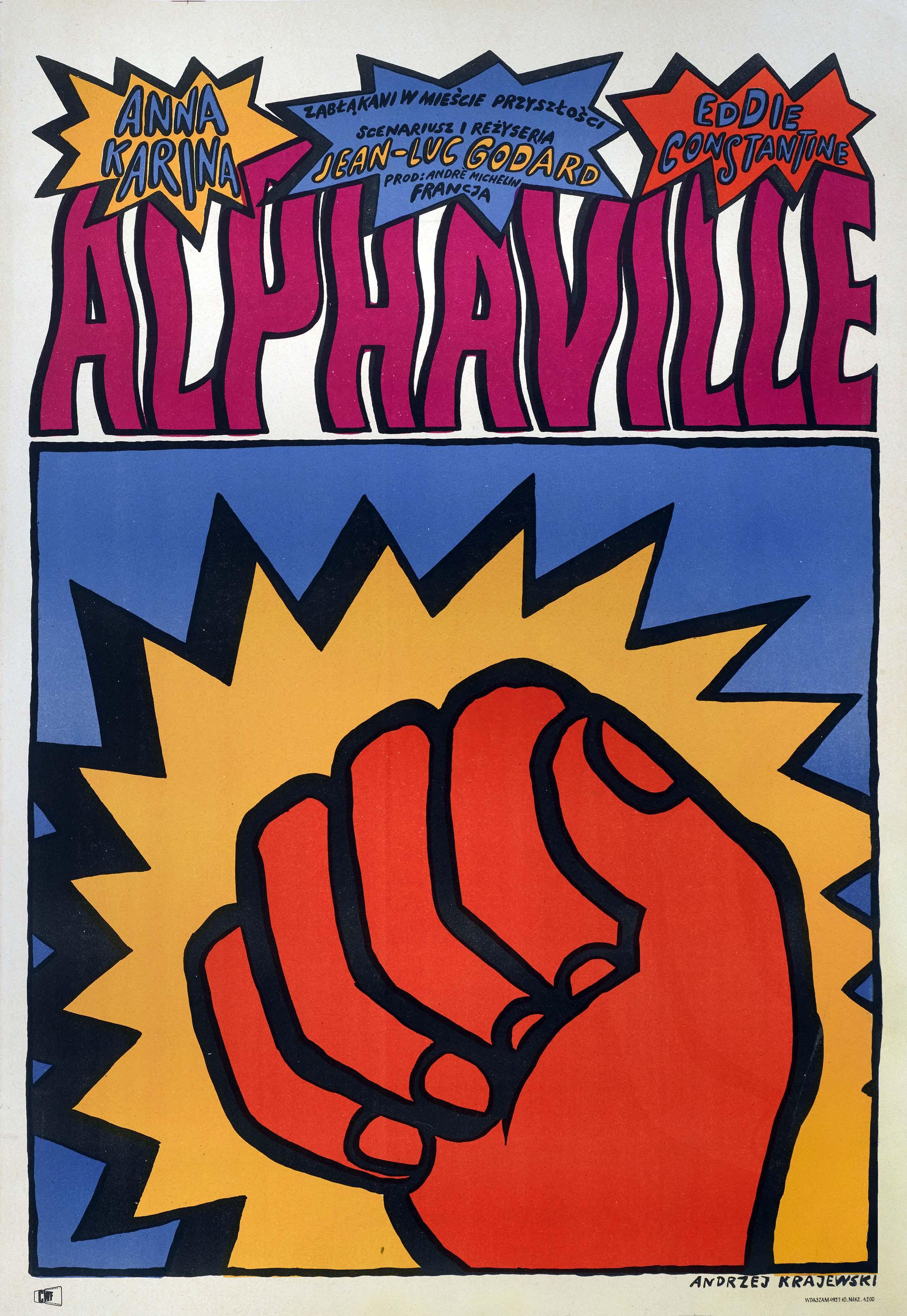Andrzej Krajewski's iconic Polish poster for Jean-Luc Godard's Alphaville, featuring a large red clenched fist and vibrant Pop Art colors.