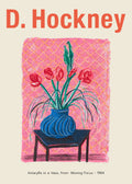 Reproduction poster for David Hockney's 1984 "Amaryllis in a Vase," showing red flowers in an electric blue vase against a pink patterned background.
