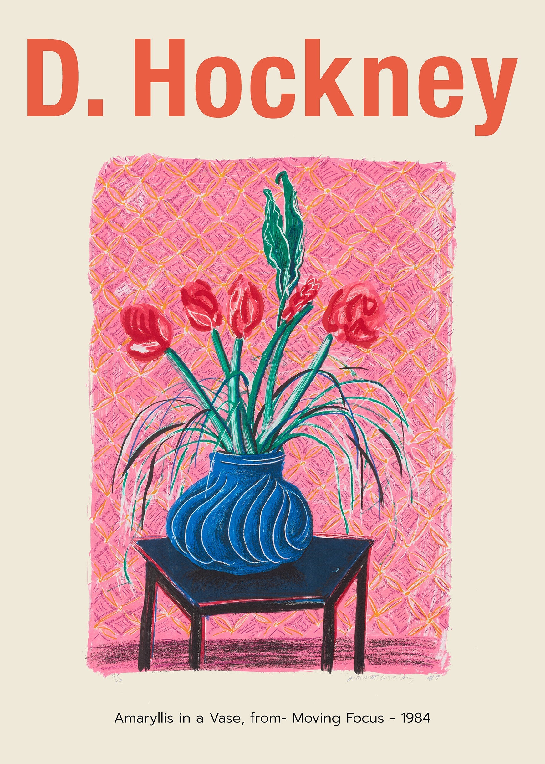 Reproduction poster for David Hockney's 1984 "Amaryllis in a Vase," showing red flowers in an electric blue vase against a pink patterned background.