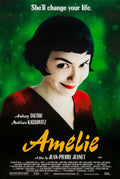 Close-up portrait of Amélie Poulain (Audrey Tautou) from the 2001 film, featuring her iconic red lipstick and black bob cut against a star-filled green background.