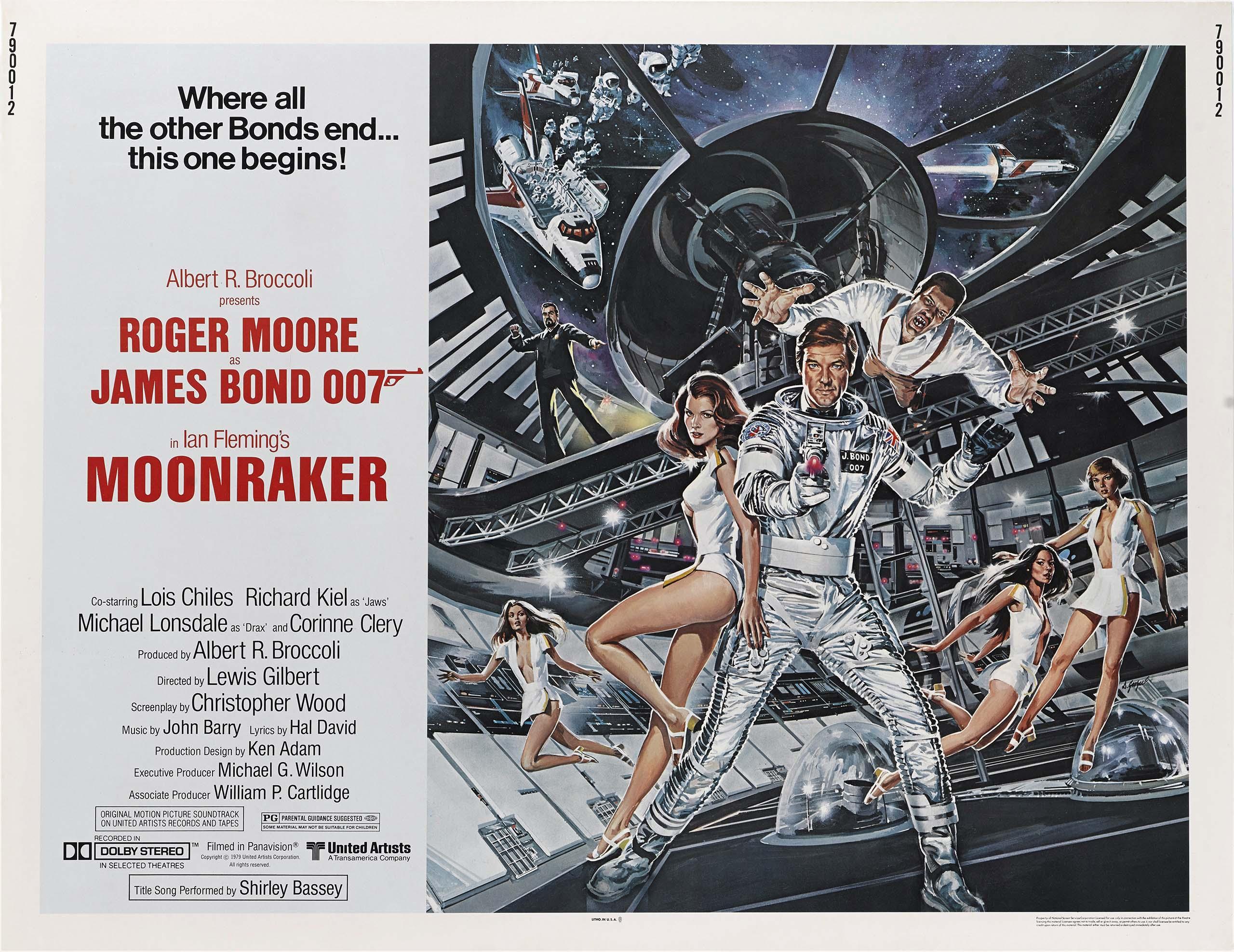 Original theatrical movie poster for Moonraker (1979) showing Roger Moore as James Bond in a spacesuit with Jaws and women in a space station fight.