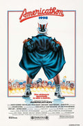 Original theatrical poster for the 1979 satirical comedy Americathon, showing Uncle Sam lifting his coat over a cheering crowd in a famous comedy scene.