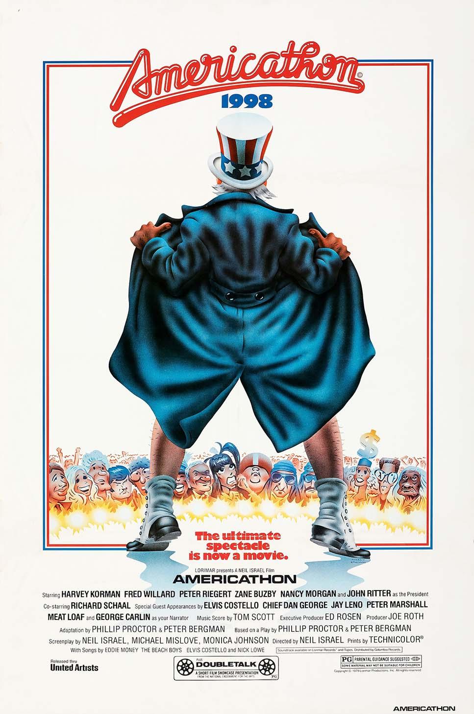 Original theatrical poster for the 1979 satirical comedy Americathon, showing Uncle Sam lifting his coat over a cheering crowd in a famous comedy scene.