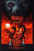 Horror movie poster for An American Werewolf in London featuring two terrified men, a large werewolf face, skulls, pentagram, and fiery red background