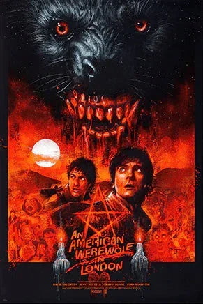 Horror movie poster for An American Werewolf in London featuring two terrified men, a large werewolf face, skulls, pentagram, and fiery red background