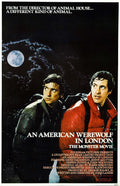 The original movie poster for An American Werewolf in London (1981) showing David Naughton and Griffin Dunne hiking under a terrifying full moon.