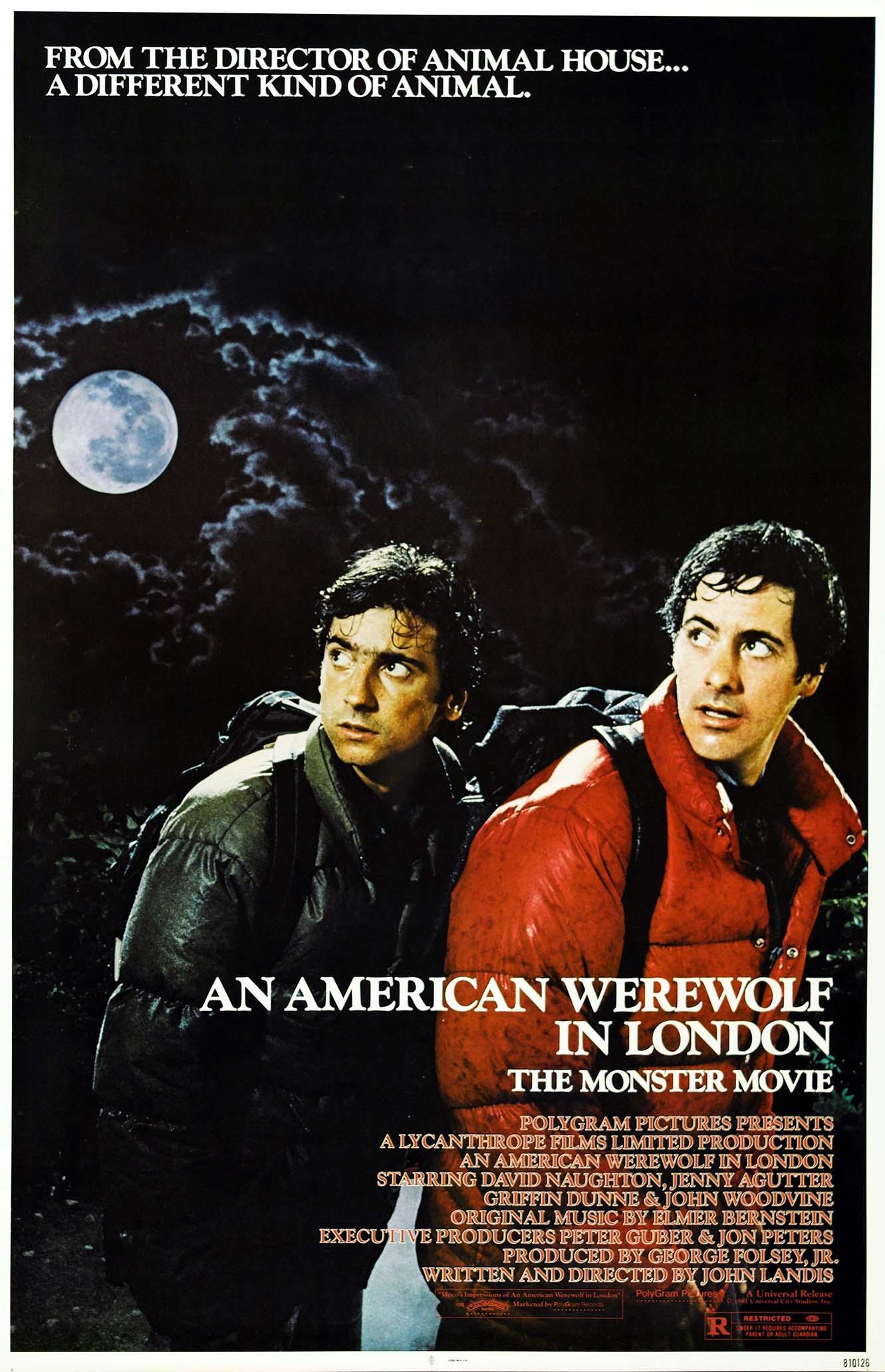 The original movie poster for An American Werewolf in London (1981) showing David Naughton and Griffin Dunne hiking under a terrifying full moon.