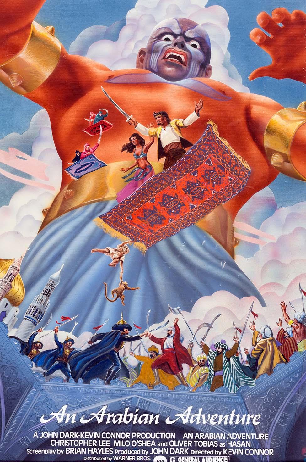 Original painting poster for An Arabian Adventure (1979), featuring a colossal orange and blue genie, flying carpets, and adventurers fighting below.