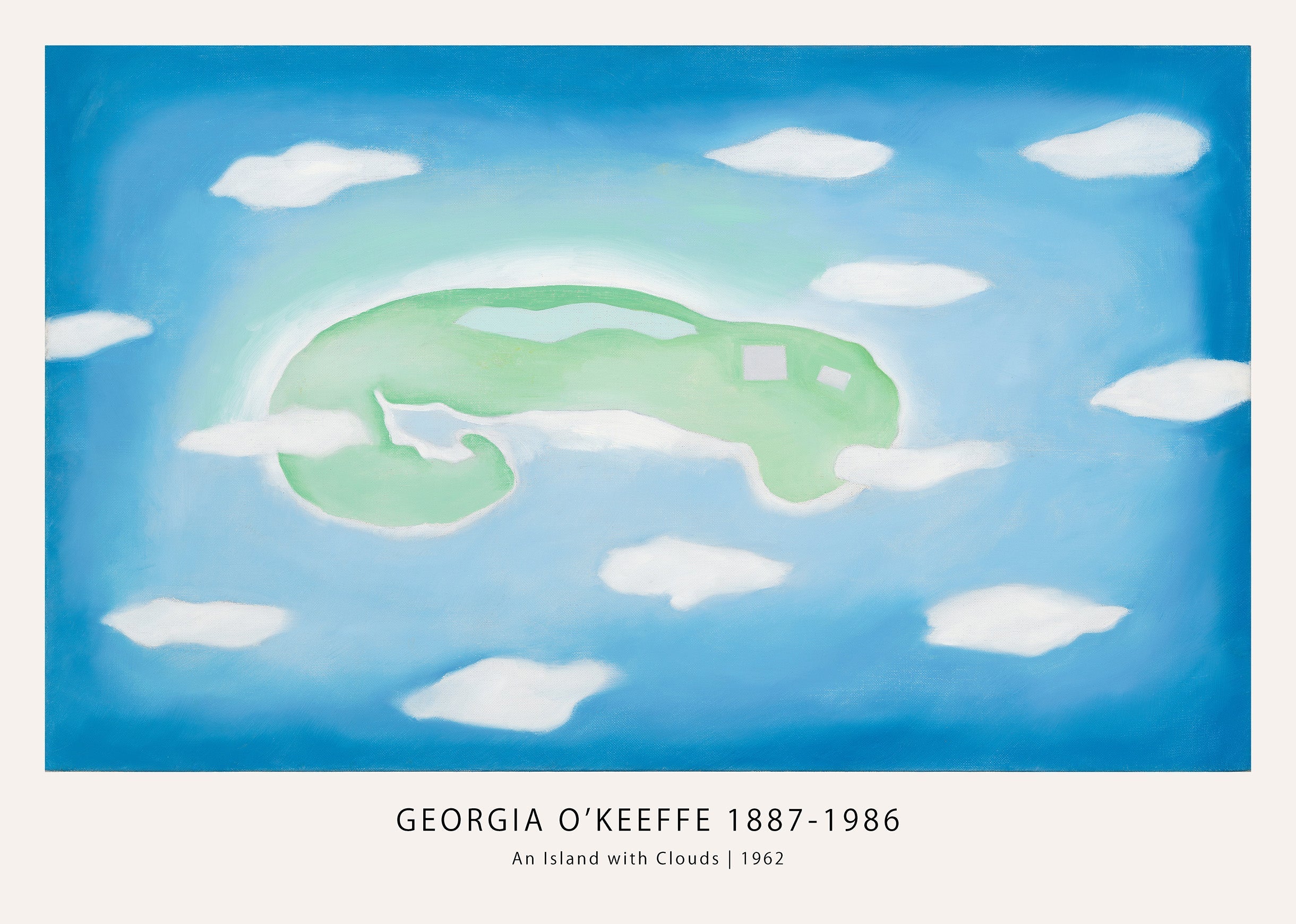 Reproduction of Georgia O'Keeffe's 1962 painting "An Island with Clouds," featuring a floating green island silhouette against a vibrant blue sky surrounded by soft white clouds.