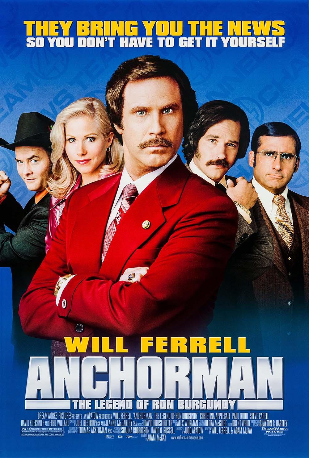 Classic Anchorman movie poster featuring Ron Burgundy (Will Ferrell) and the Channel 4 news team against a blue backdrop.