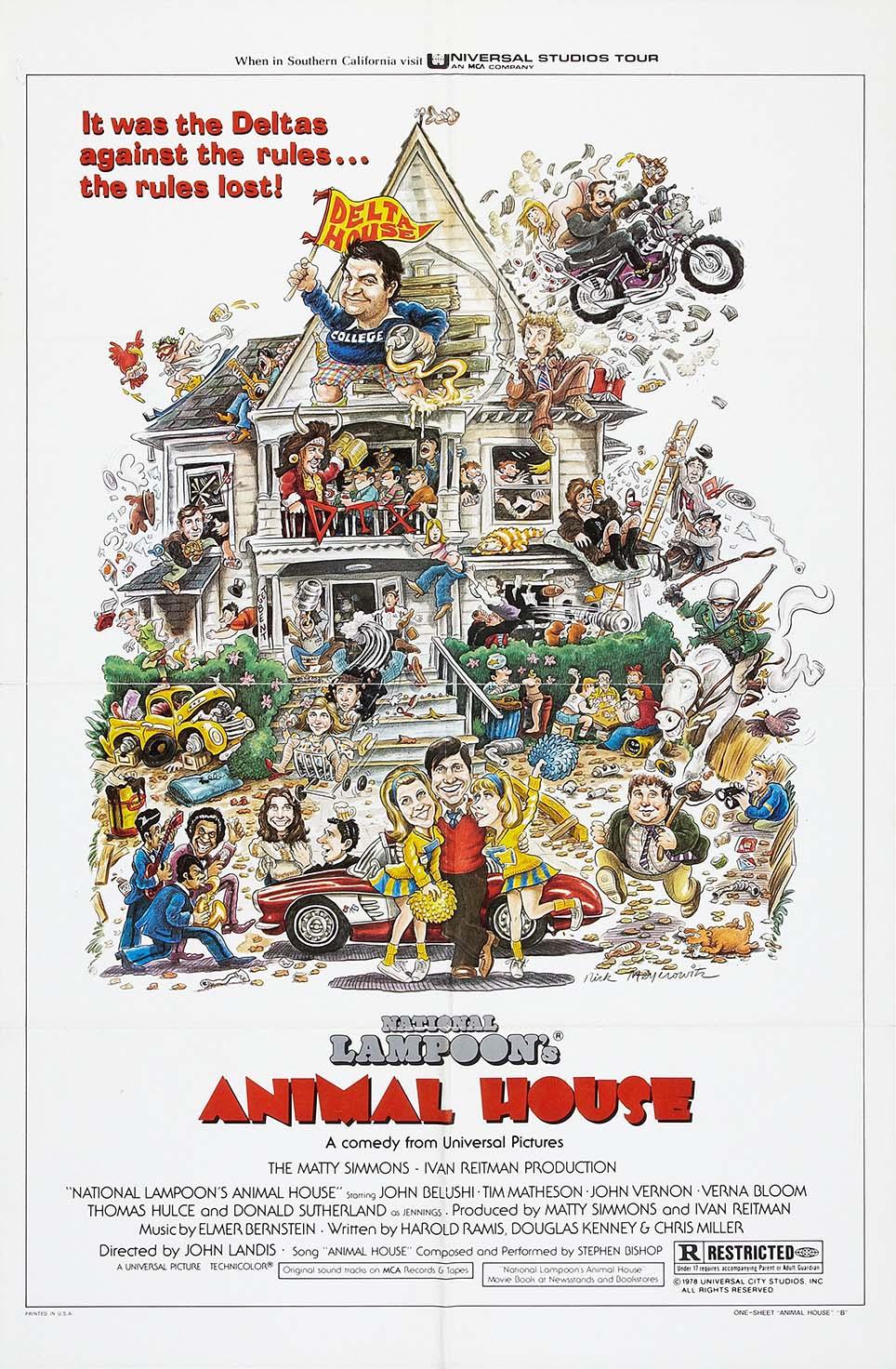 Original Animal House 1978 movie poster showing a chaotic cartoon illustration of the Delta House fraternity building and students like John Belushi (Bluto).