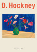 Reproduction poster of David Hockney's "Anthuriums - 1995," depicting pink and red flowers in a green vase against a striking royal blue background.
