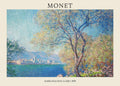 Claude Monet painting of a brightly lit tree overlooking the deep blue sea and the distant town of Antibes in 1888, captured with Impressionist brushstrokes.