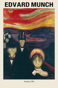 Edvard Munch's Anxiety (1894) painting showing dark figures standing beneath a dramatic red and yellow swirling Expressionist sky over a fjord.