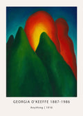 Early abstract painting by Georgia O'Keeffe titled "Anything" (1916), featuring sweeping green mountain forms set against a deep blue sky and a fiery orange-red sunburst.
