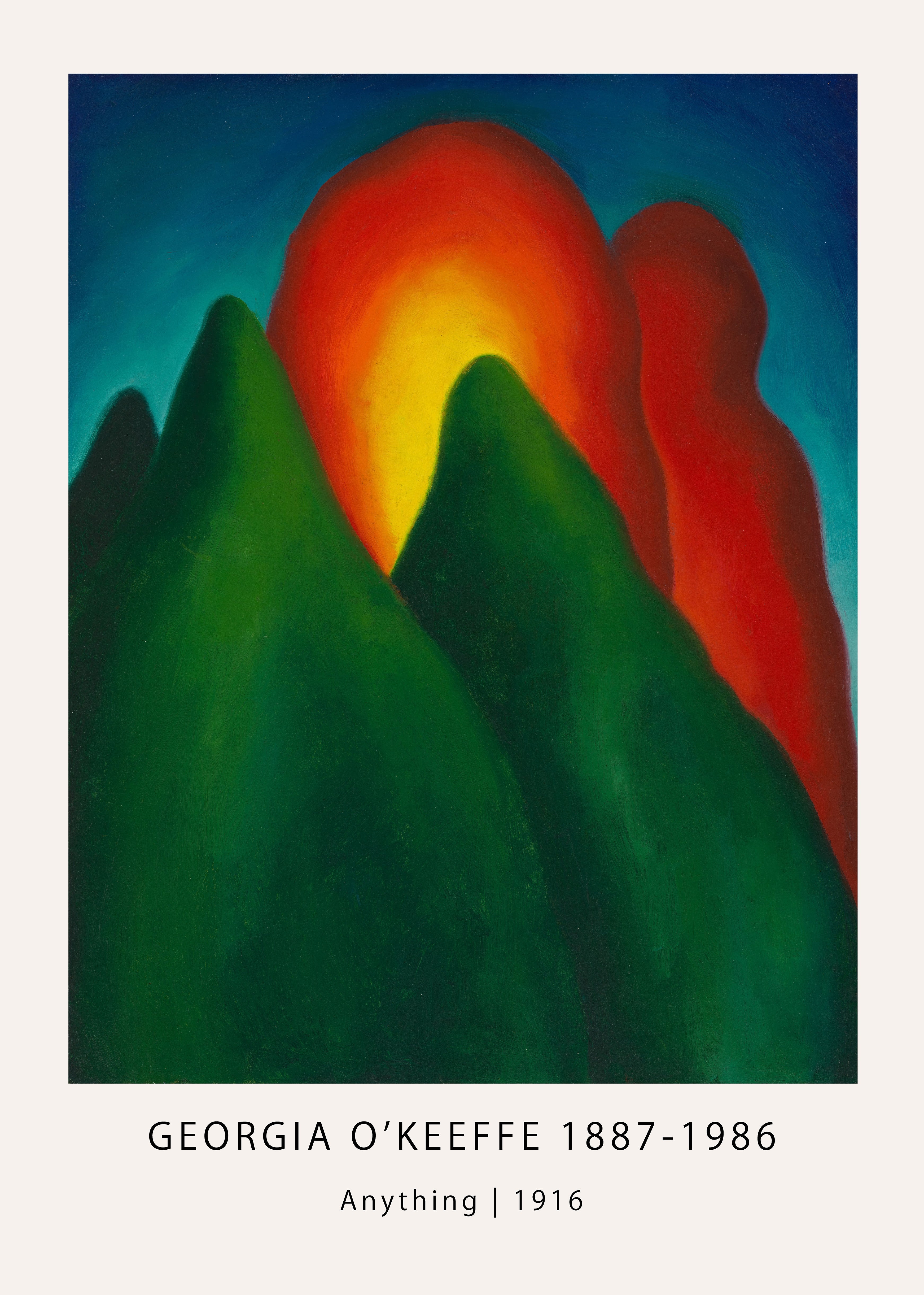 Early abstract painting by Georgia O'Keeffe titled "Anything" (1916), featuring sweeping green mountain forms set against a deep blue sky and a fiery orange-red sunburst.
