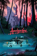 Apocalypse Now movie poster with jungle, large stone face, soldiers on a boat, and red sunset sky
