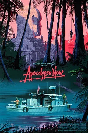 Apocalypse Now movie poster with jungle, large stone face, soldiers on a boat, and red sunset sky
