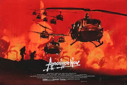 Apocalypse Now movie poster with helicopters flying over fiery jungle landscape in red-orange tones