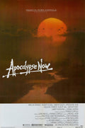 Original Apocalypse Now movie poster featuring a row of helicopters silhouetted against a large, fiery orange sun setting over the water.