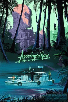 Apocalypse Now movie poster featuring a riverboat in a jungle with giant Buddha stone face in background