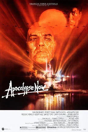Apocalypse Now movie poster featuring Martin Sheen's melted face over a river scene with helicopters and boats, red hues