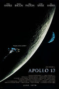 Official poster for the 1995 film Apollo 13, showing the lunar module and service module in deep space near the moon's surface, featuring the quote "Houston, we have a problem."
