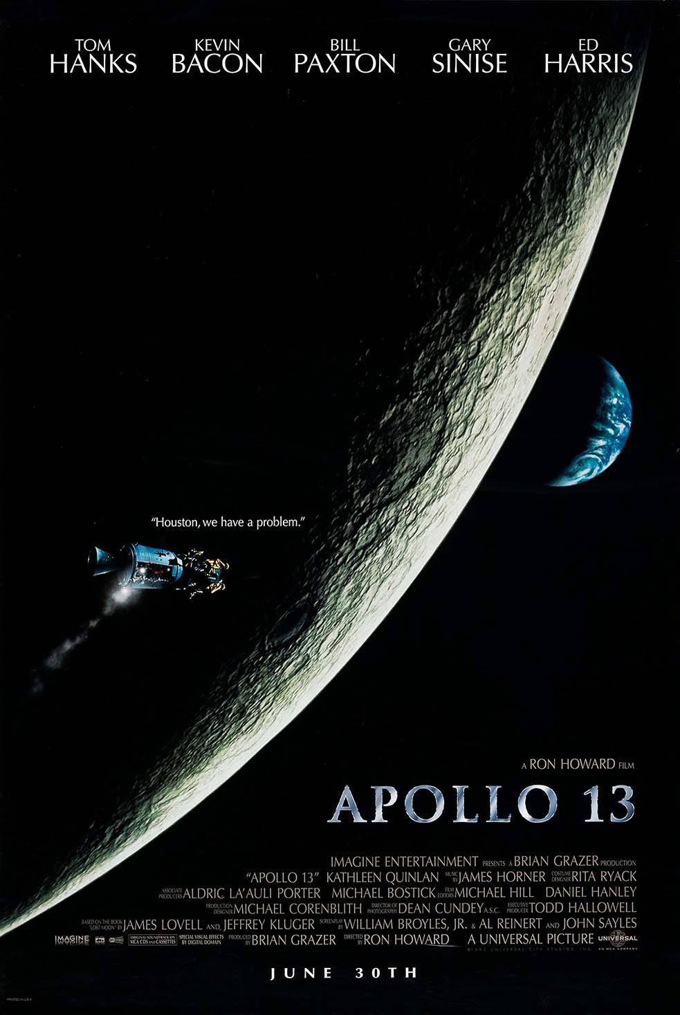 Official poster for the 1995 film Apollo 13, showing the lunar module and service module in deep space near the moon's surface, featuring the quote "Houston, we have a problem."