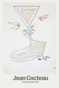Limited edition print by Jean Cocteau titled "Arabesque double-profile," depicting a stylized face silhouette created from geometric, multi-colored contour lines.