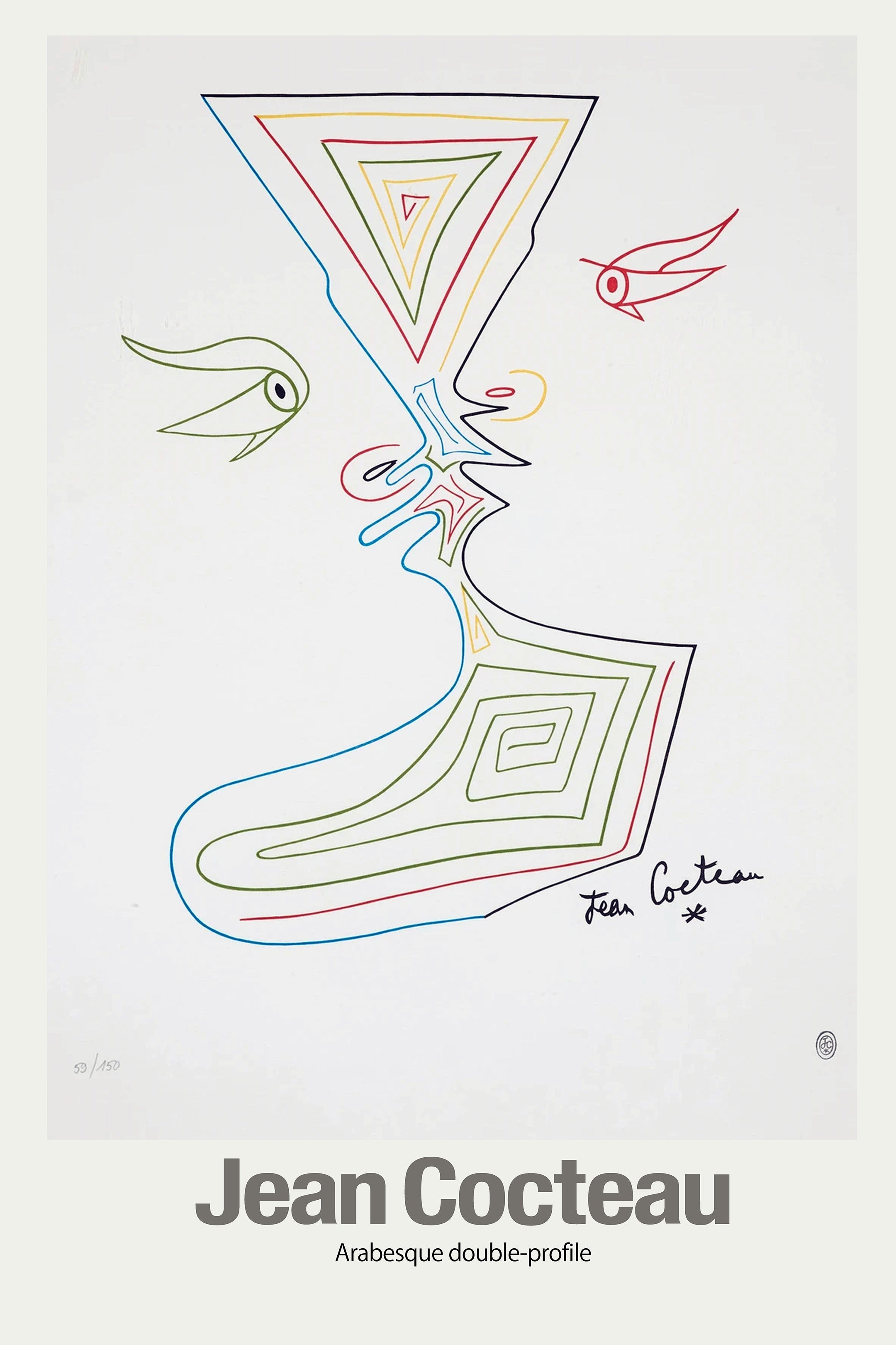 Limited edition print by Jean Cocteau titled "Arabesque double-profile," depicting a stylized face silhouette created from geometric, multi-colored contour lines.