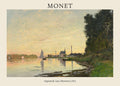 Oil painting by Claude Monet titled "Argenteuil, Late Afternoon" (1872), showing sailboats on a golden river reflecting a village skyline and dark trees.