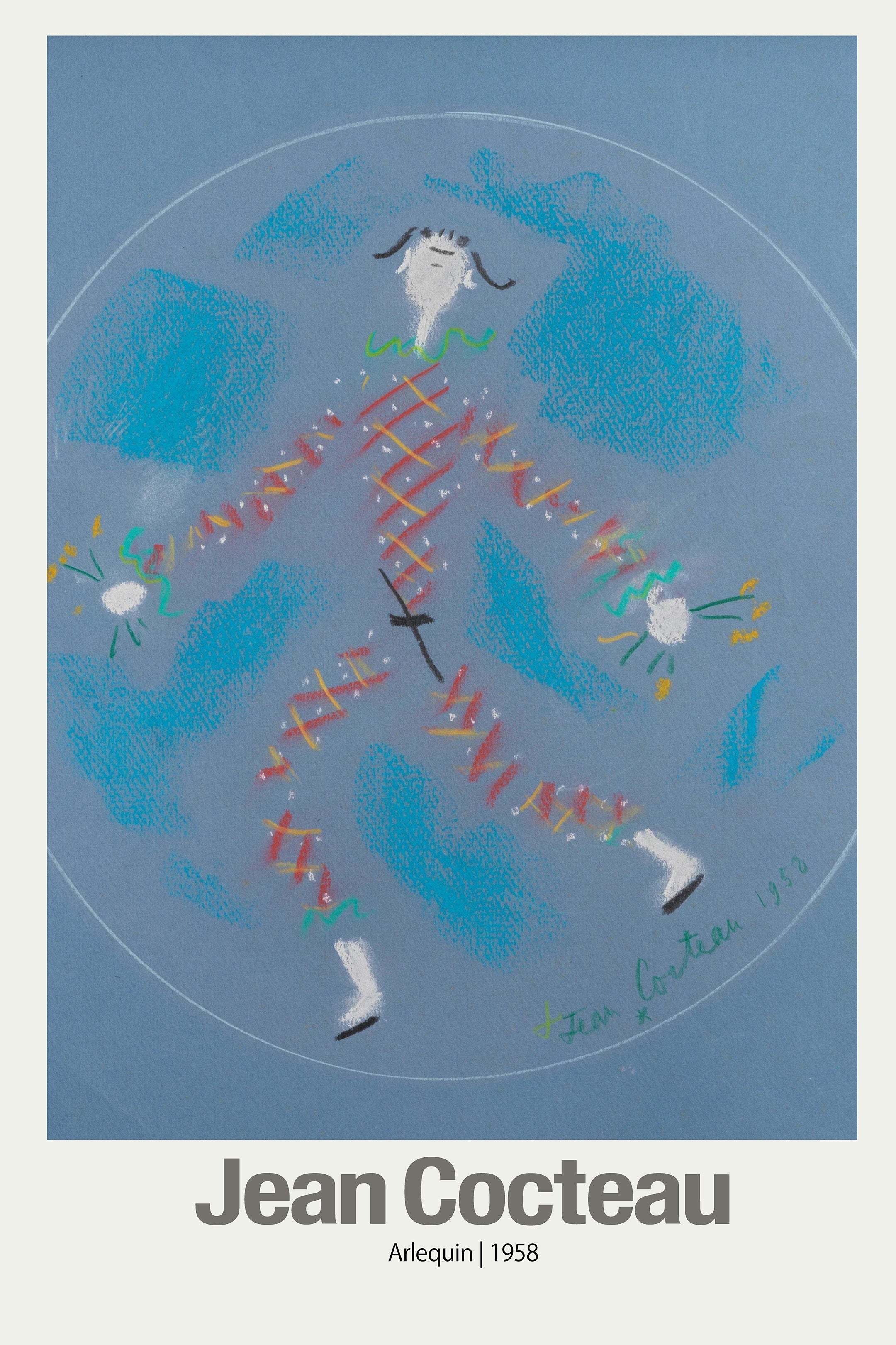 Stylized 1958 pastel drawing by Jean Cocteau titled Arlequin, depicting a white figure in a patterned suit on a blue background with turquoise highlights.