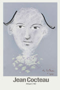 Reproduction of Jean Cocteau's 1963 pastel chalk drawing, Arlequin, featuring a ghostly white face on a pale lavender background.