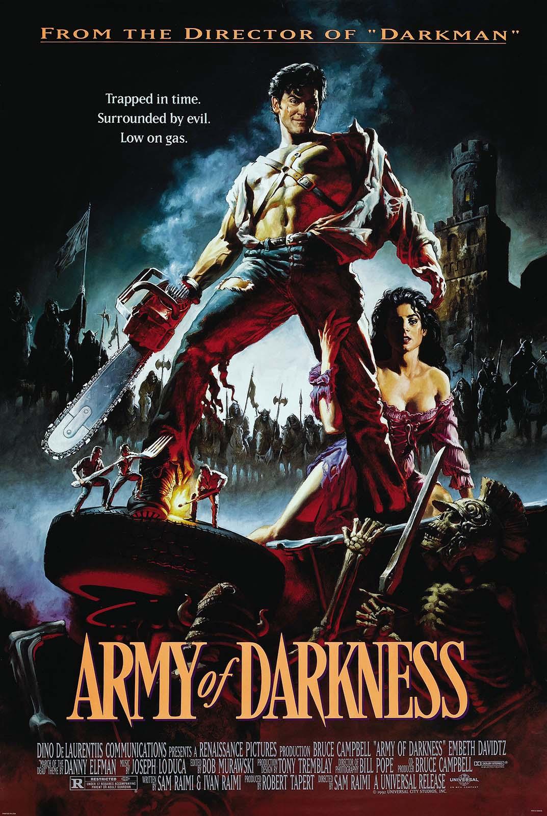 Classic illustrated poster for Army of Darkness showing Ash Williams with a chainsaw hand towering over a woman and skeleton warriors.