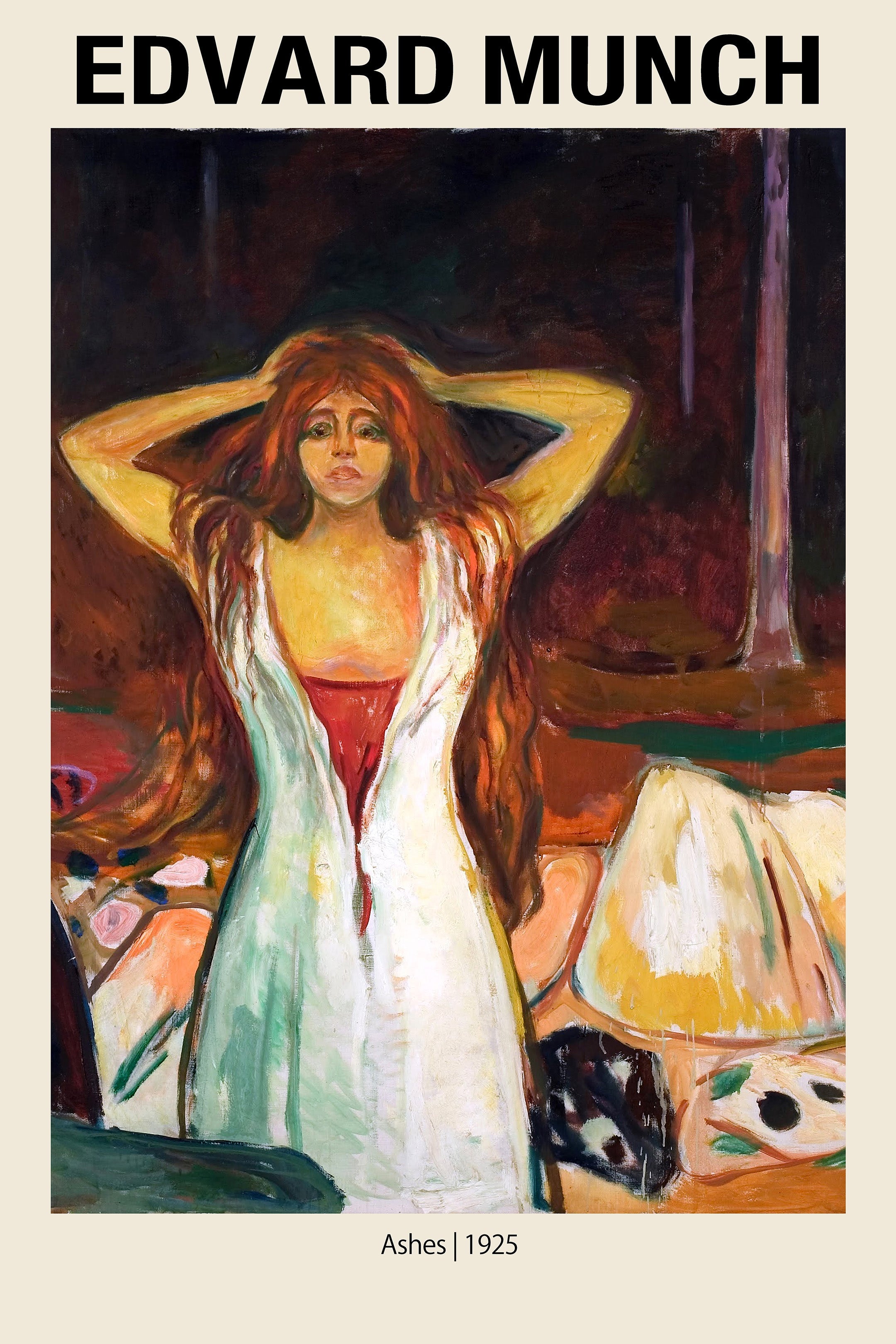 Oil painting by Edvard Munch titled "Ashes" (1925), depicting a distressed woman with long flowing red hair against a dark, moody background, emphasizing Expressionism.