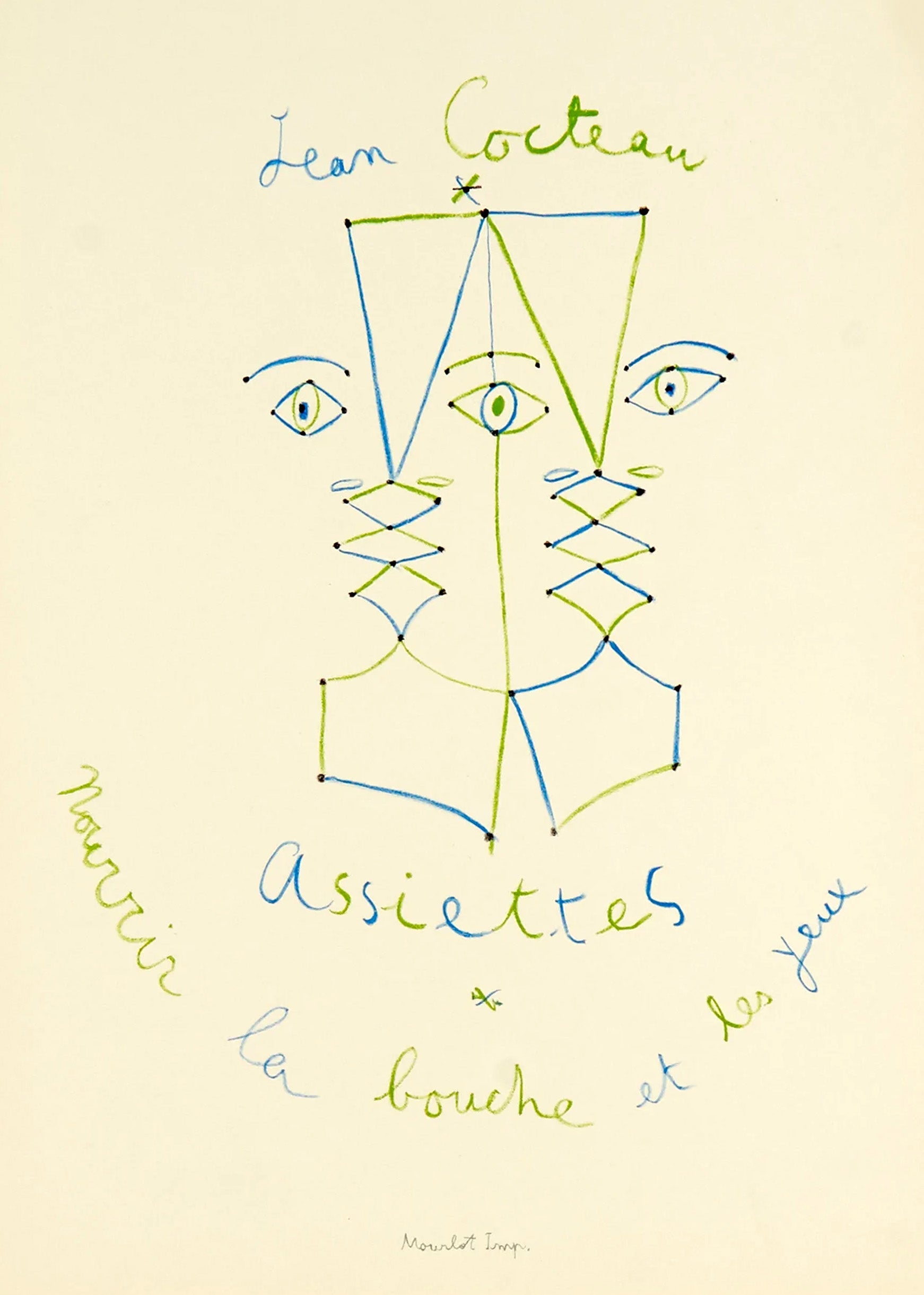 Jean Cocteau original lithograph featuring a geometric abstract face sketch in blue and green lines with French script about plates and feeding the eyes.