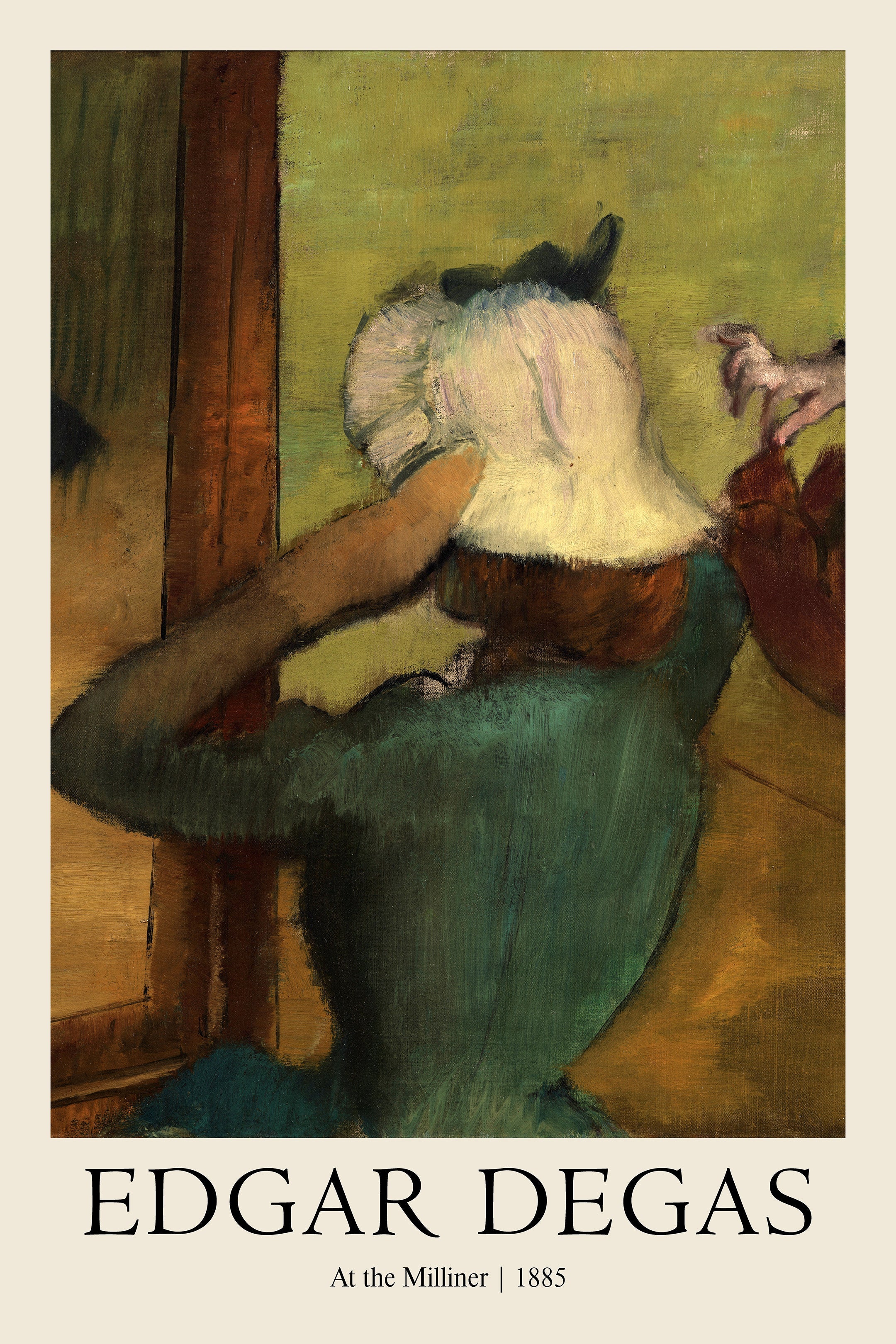 Classic oil painting by Edgar Degas showing a woman in a dark teal dress adjusting a white bonnet at a milliner's shop, rich Impressionist brushwork.