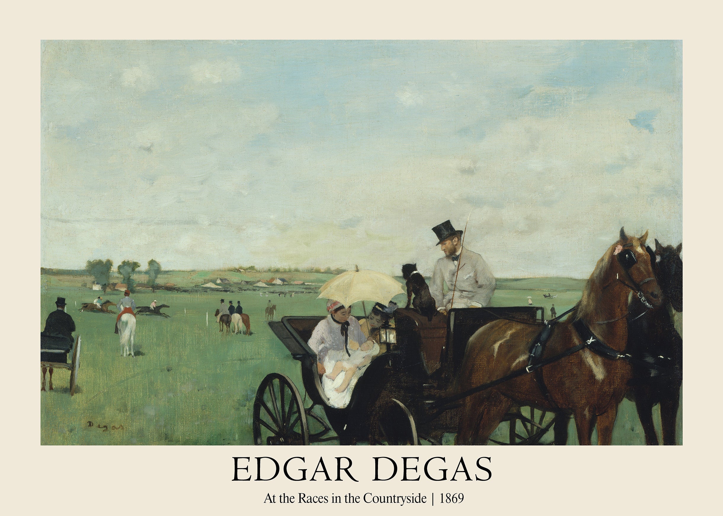 Edgar Degas oil painting replica showing a man driving a dark horse-drawn carriage with passengers and a dog at a vibrant green racetrack.
