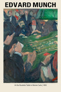 Expressive painting by Edvard Munch, "At the Roulette Table in Monte Carlo" (1892), featuring somber figures around a green gambling table.