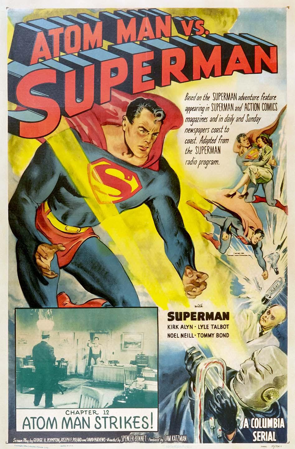 Vintage poster art showing Superman flying into action against the villainous Atom Man robot and saving civilians from the 1950 Columbia Serial adaptation starring Kirk Alyn.