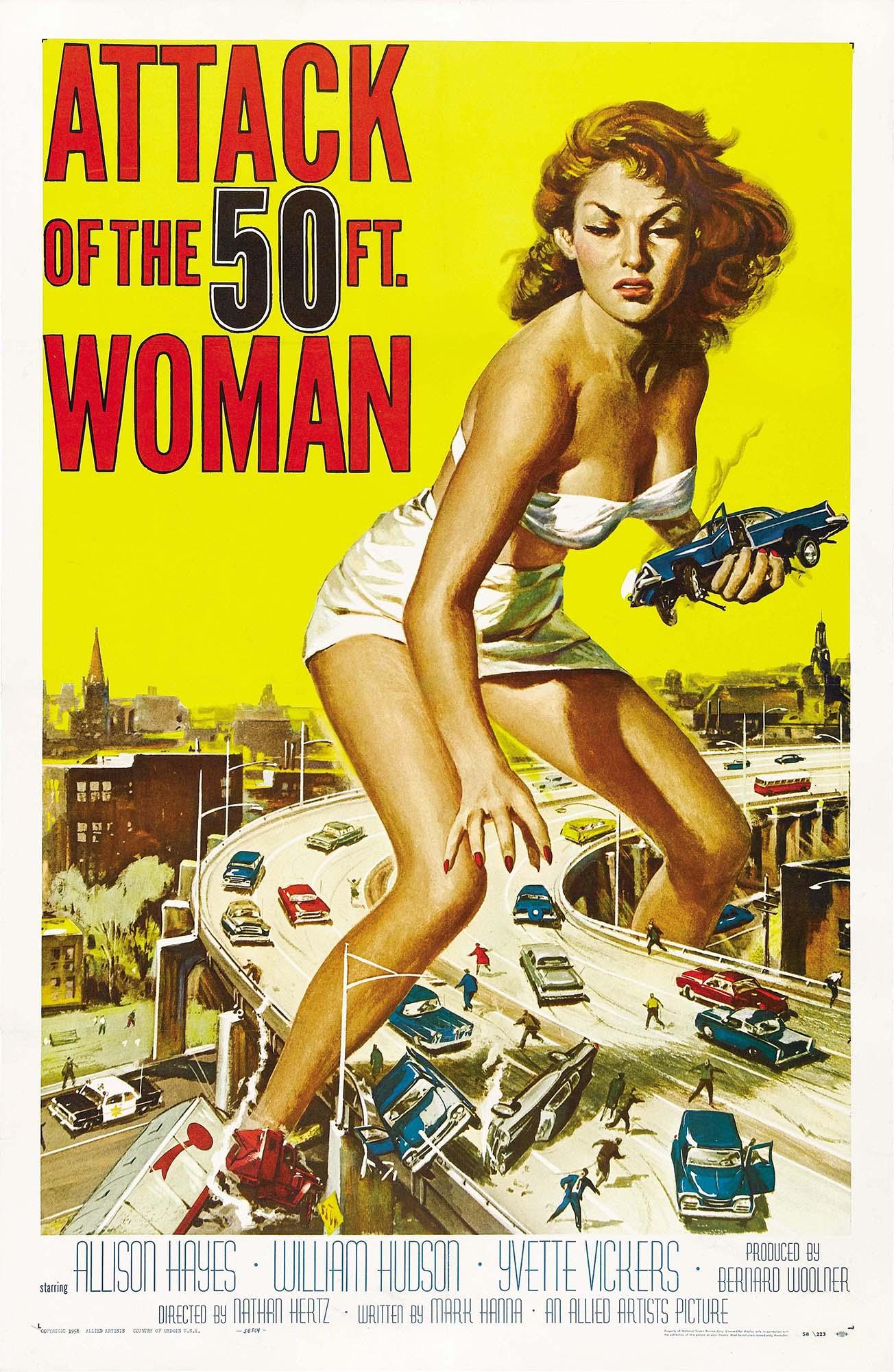 Original theatrical poster for Attack of the 50 Foot Woman, featuring a giant woman crushing cars on a freeway ramp against a bright yellow sky.