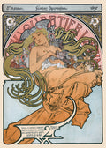 Alphonse Mucha Art Nouveau poster from 1897 titled Quartier Latin, depicting a nude allegorical figure with long flowing hair and intricate golden designs.