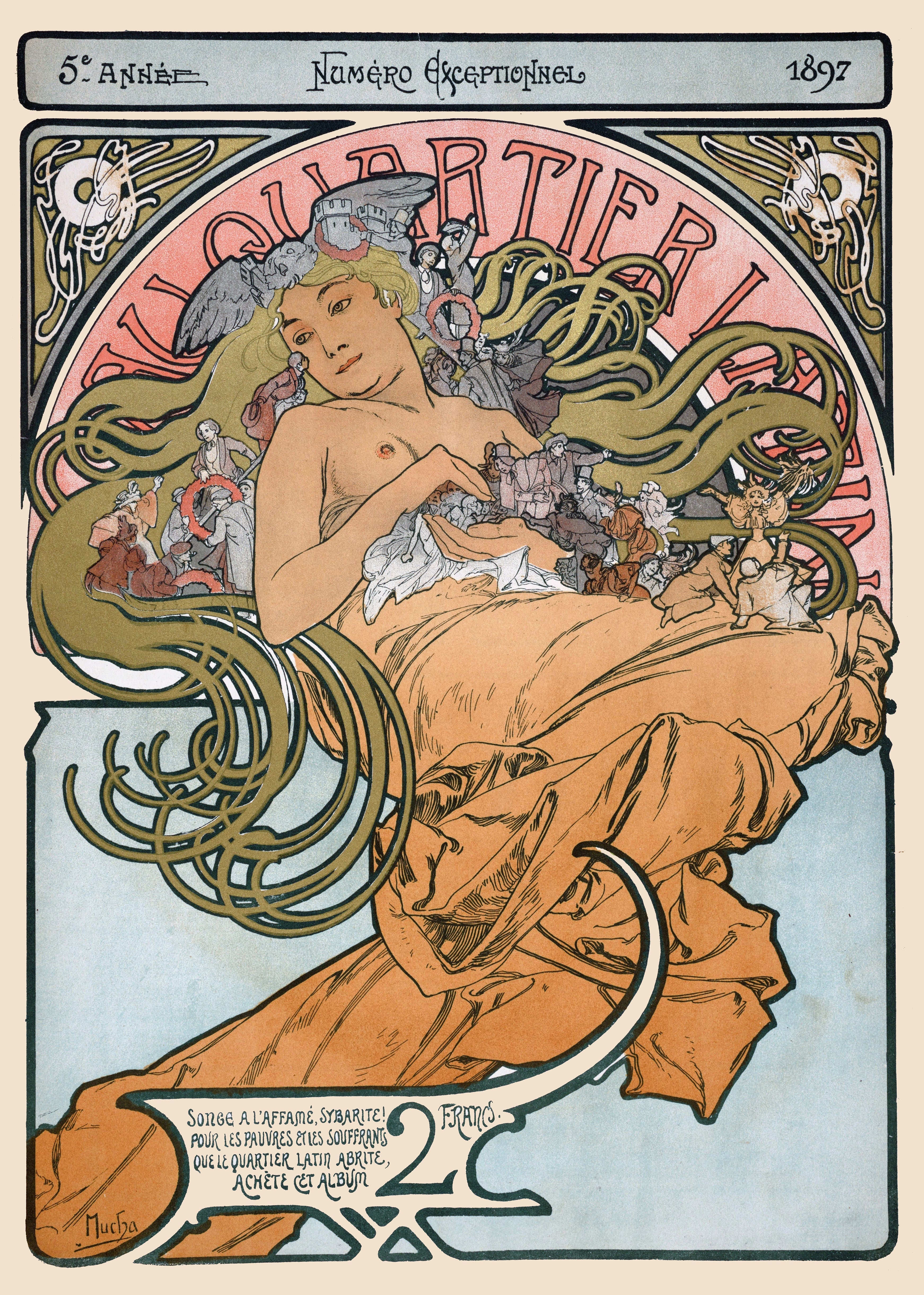 Alphonse Mucha Art Nouveau poster from 1897 titled Quartier Latin, depicting a nude allegorical figure with long flowing hair and intricate golden designs.