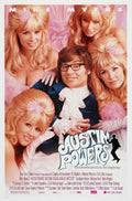 Austin Powers movie poster featuring Mike Myers (Austin Powers) in a blue velvet coat surrounded by four blonde women (Fembots) on a pink background.