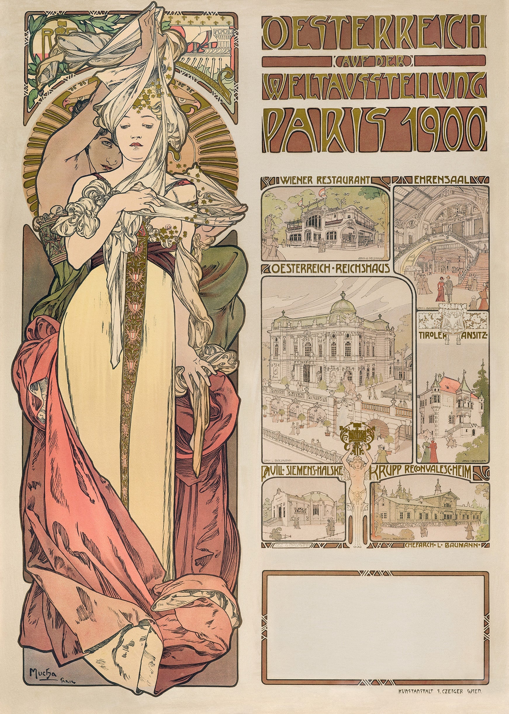 Art Nouveau poster by Alphonse Mucha featuring an allegorical woman draped in fabric, promoting the Austria pavilion at the Paris 1900 exhibition.
