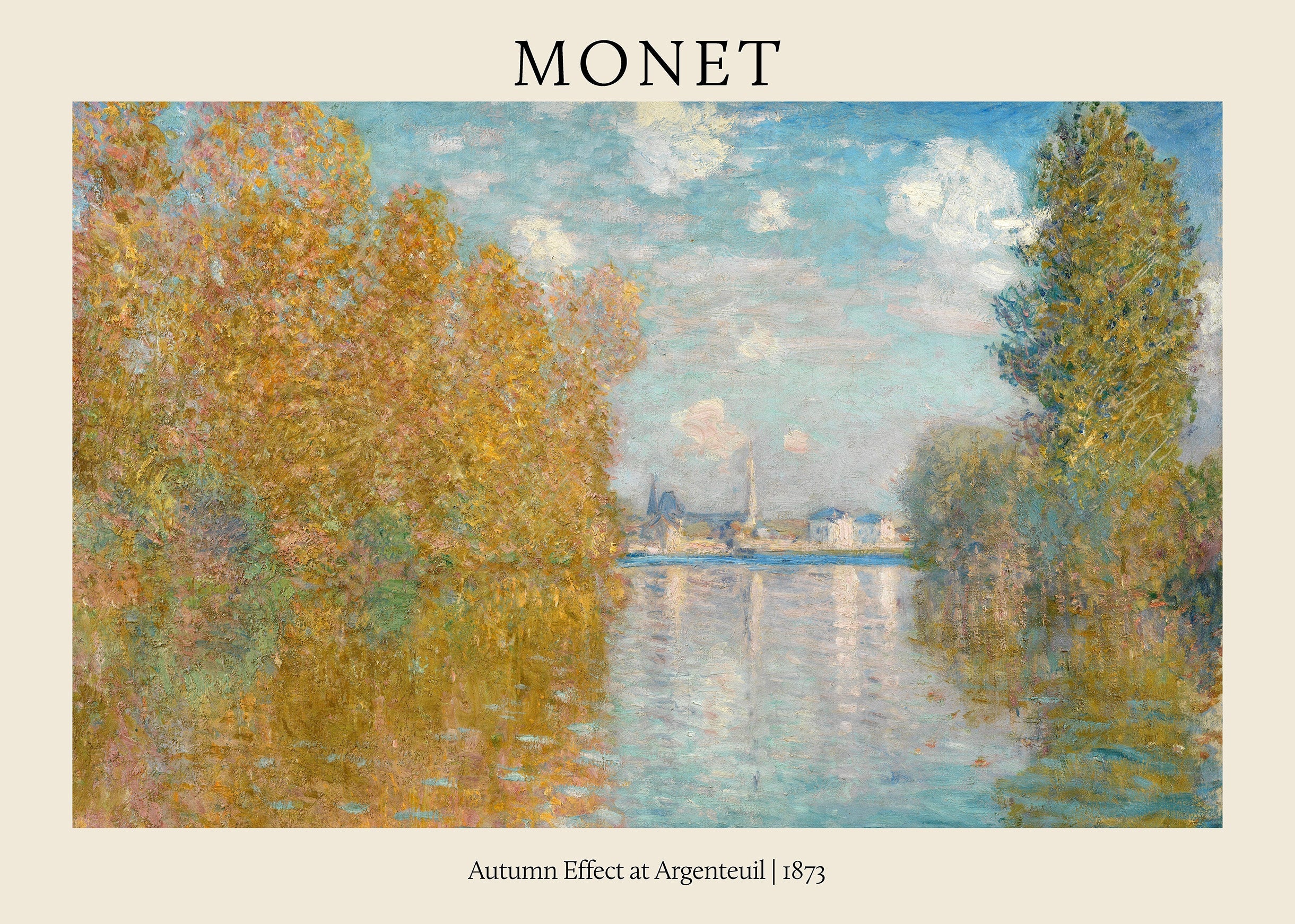 High-quality poster reproduction of Claude Monet's 1873 painting showing brilliant yellow and orange autumn trees reflected in a calm river near Argenteuil.