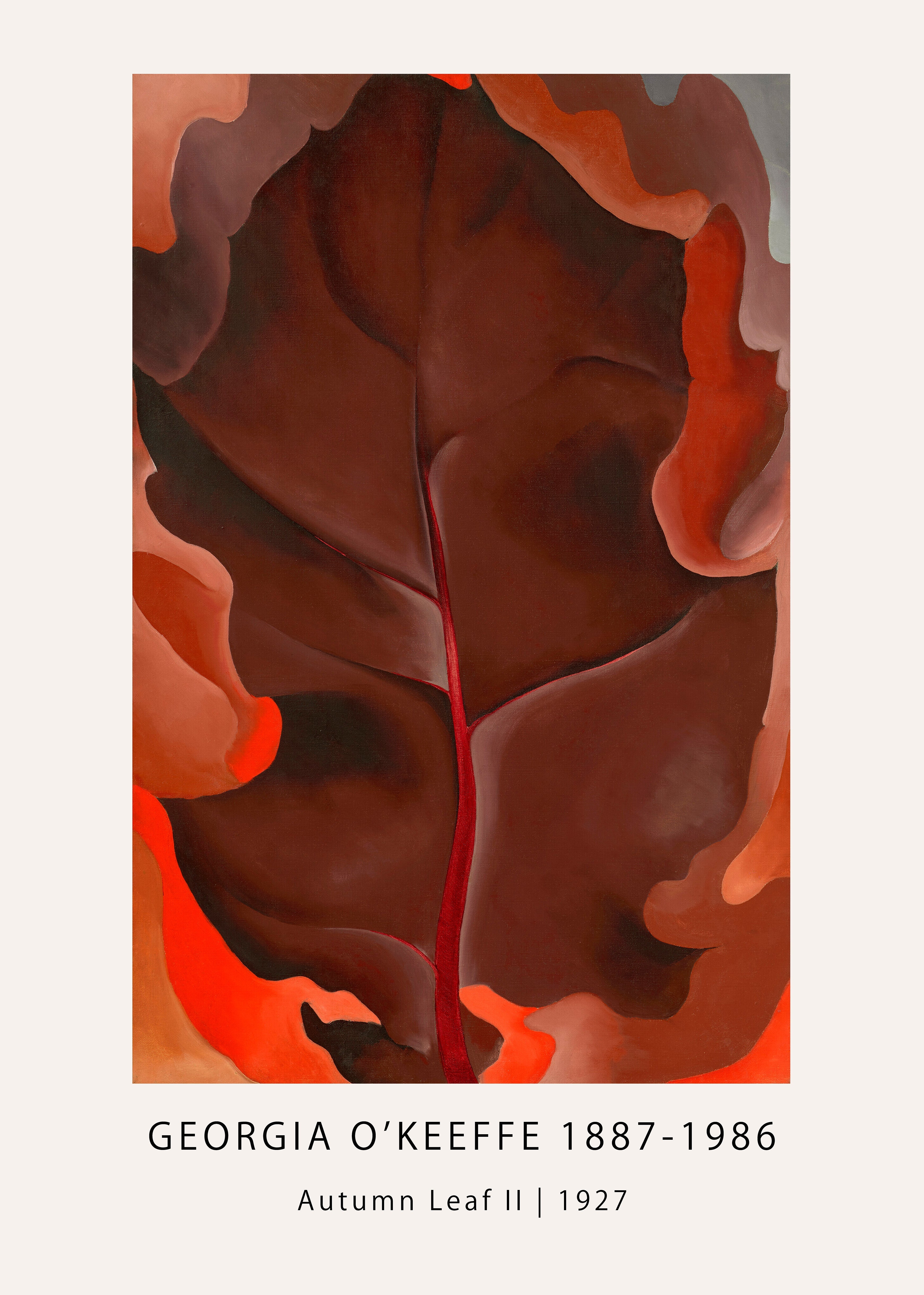 Reproduction print of Georgia O'Keeffe's 1927 "Autumn Leaf II," showing a magnified, abstracted leaf in deep browns, reds, and fiery orange hues.