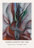 Abstract painting by Georgia O'Keeffe titled 'Autumn Trees - The Maple,' featuring flowing grey, maroon, and brown forms suggestive of a maple tree trunk in the fall.