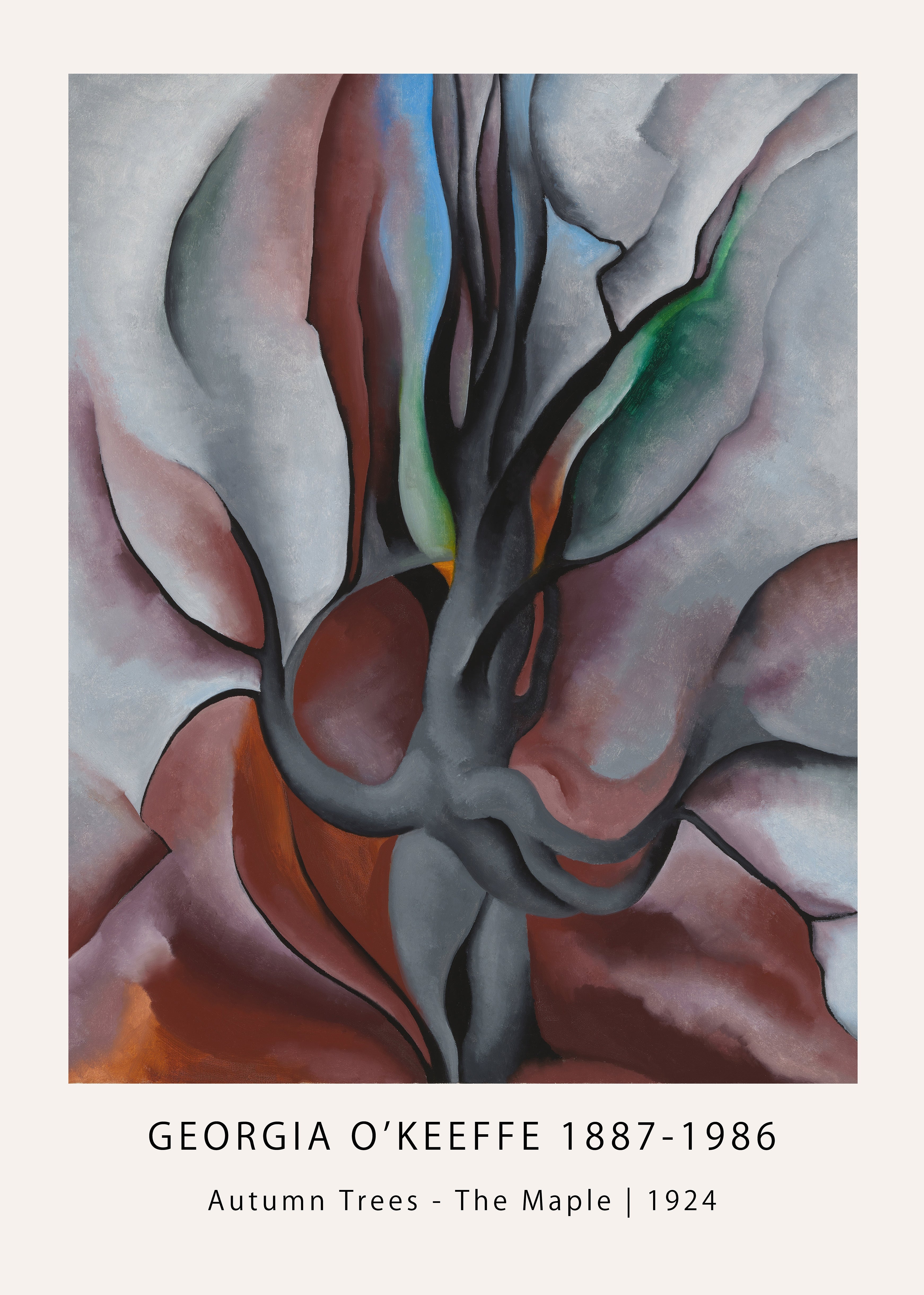 Abstract painting by Georgia O'Keeffe titled 'Autumn Trees - The Maple,' featuring flowing grey, maroon, and brown forms suggestive of a maple tree trunk in the fall.